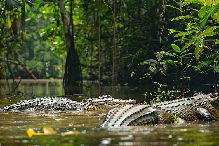Crocodiles in Jungle Swamp Wildlife Nature Background