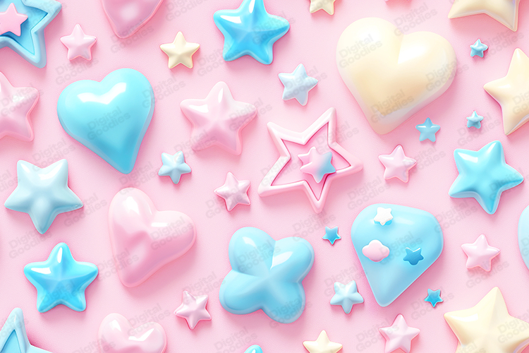 Pastel 3D Hearts and Stars Cute Kawaii Pattern Background