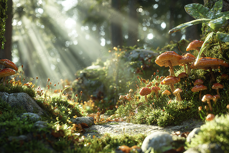 Enchanted Sun-Drenched Forest Mushroom Landscape