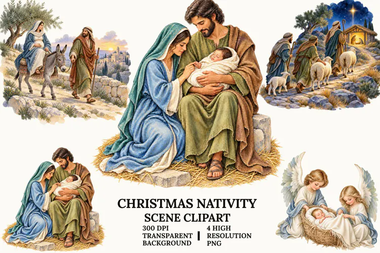 Christmas Nativity Clipart, Holy Family and Baby Jesus PNG