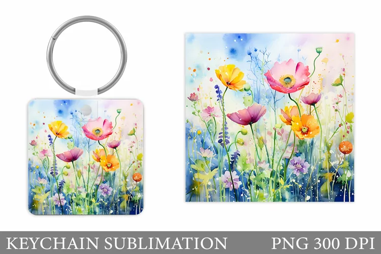Flowers Square Keychain. Wildflowers Keychain Sublimation
