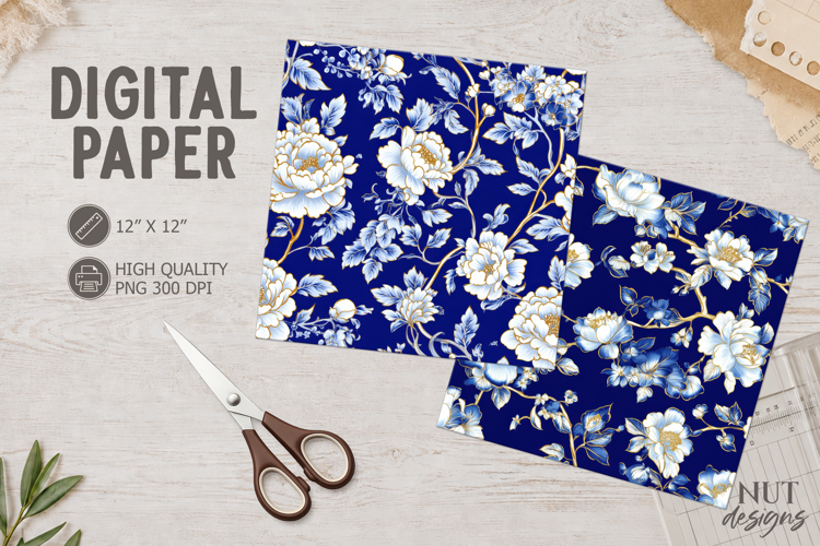 Blue White Floral Digital Paper Blue Gold Chinoiserie