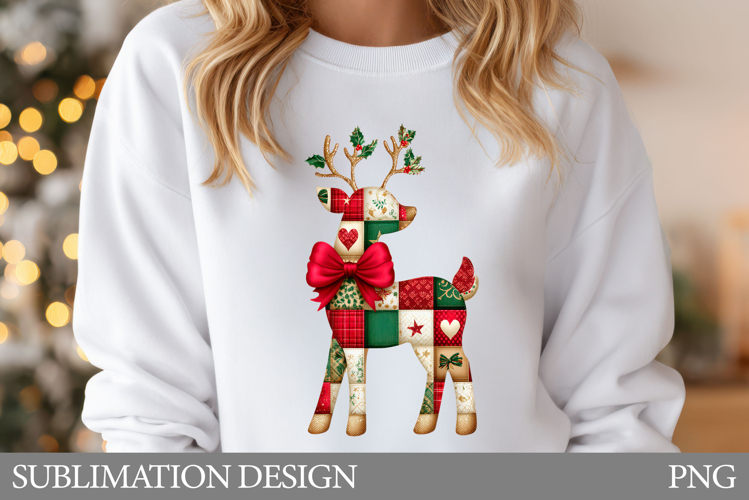 Patchwork Deer Sublimation. Christmas Reindeer T-Shirt