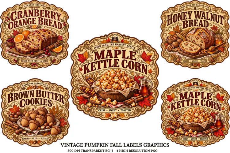 Vintage Pumpkin Fall Labels PNG Autumn Bakery Sublimation