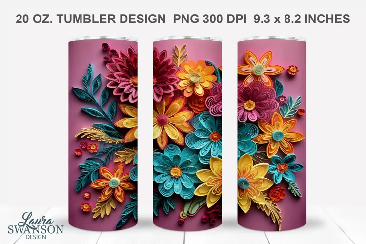 3D Paper Quill Vintage Flowers Sublimation Tumbler Wrap #5