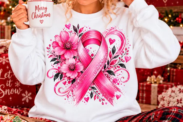 Pink Floral Breast Cancer Awareness Ribbon PNG