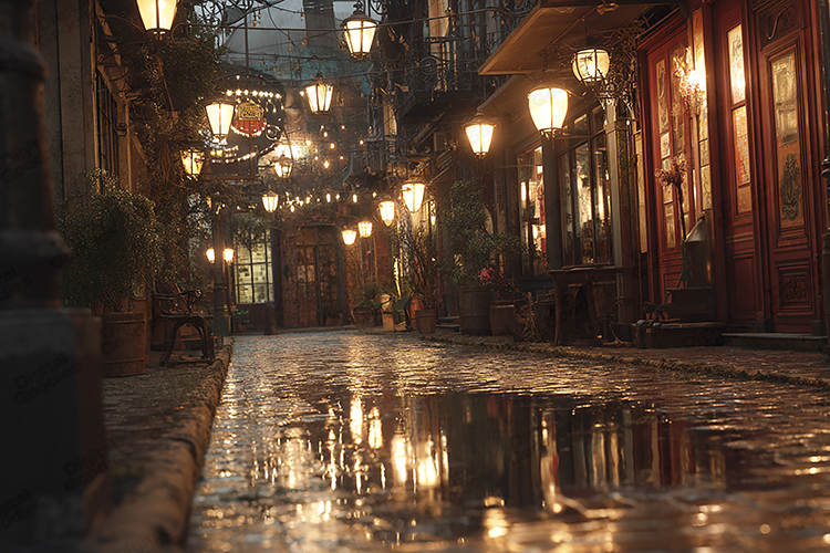 Vintage Night Street With Lantern Lights Cinematic Scene
