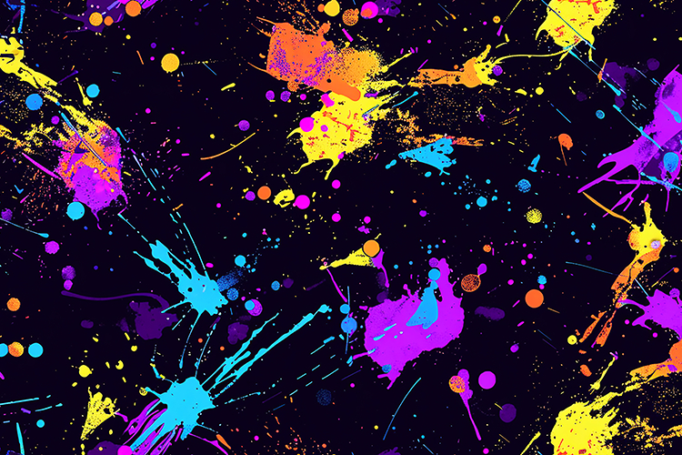 Colorful paint splatters on a dark background