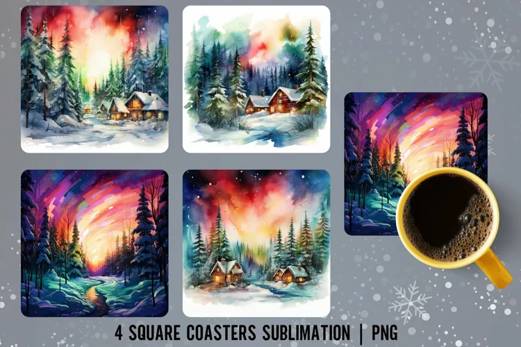 Watercolor Winter Sqaure Coaster Design | Winter Coaste