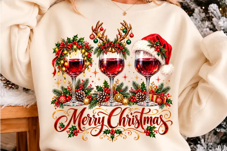 Merry Christmas Wine Glass PNG New Year T-shirt Png