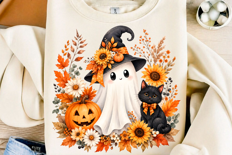 Cute Witch Ghost & Black Cat Fall PNG