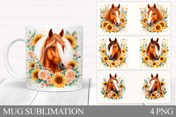 Horse Mug Wrap Sublimation. Horse Flowers Mug Design