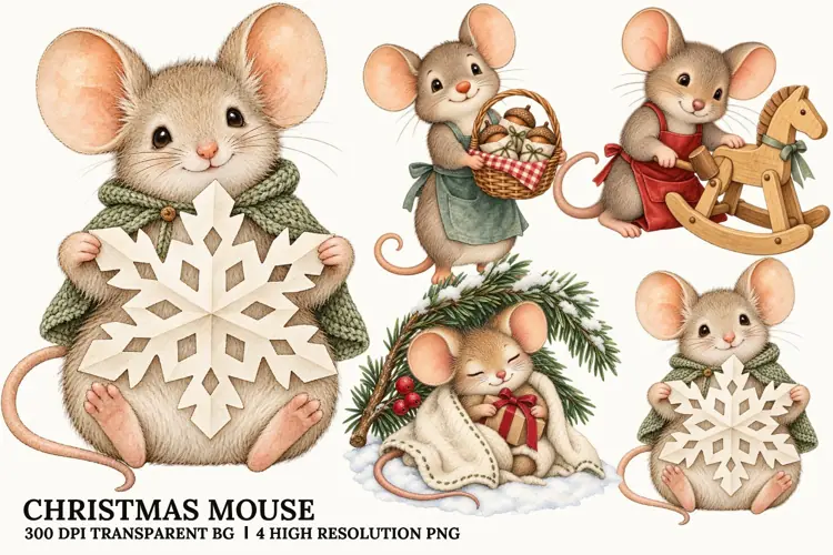 Christmas Mouse PNG, Cute Winter Holiday Sublimation Art