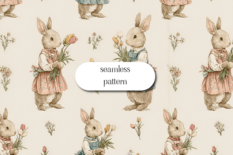 less Vintage Bunny Pattern with Flowers