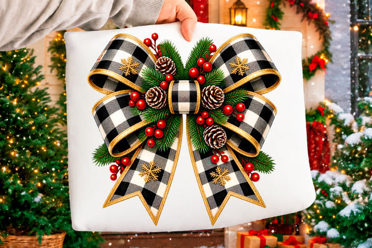 Black Buffalo Plaid Christmas Bow Holiday Design