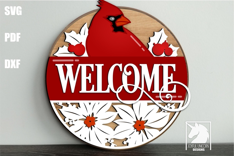 Cardinal Welcome Sign SVG | Poinsettia Door Hanger SVG