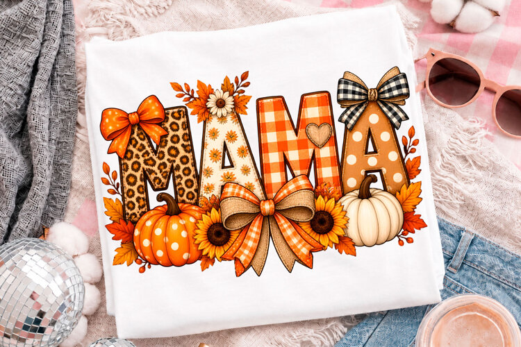 Mama Fall Pumpkin Autumn Thanksgiving Floral T-Shirt Design example image 1