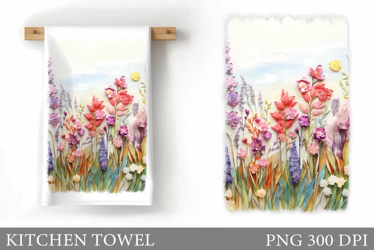 3D Wildflowers Kitchen Towel. Flowers Kitchen Towel