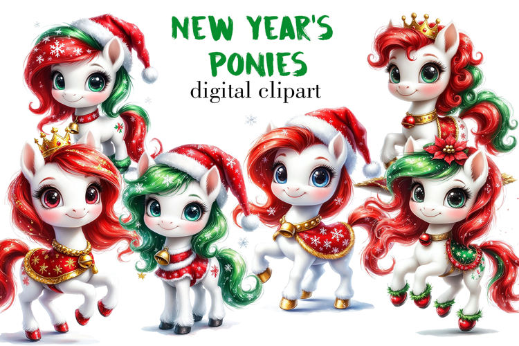 New Years Ponies Digital Clipart. Christmas Holiday Set.