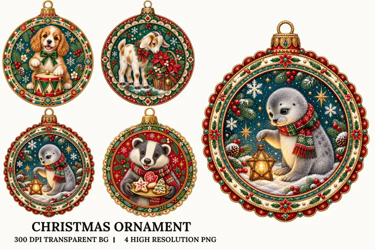 Christmas Ornament PNG Cute Woodland Animals Sublimation Art