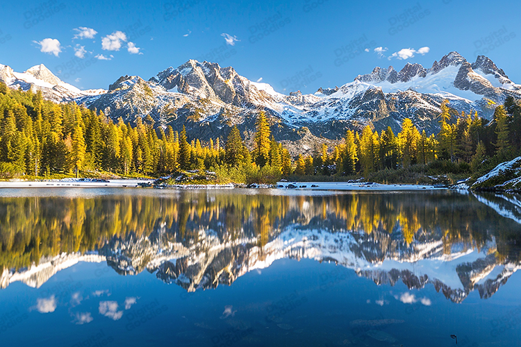 Alpine Mountain Lake Reflection with Autumn Forest Peaks