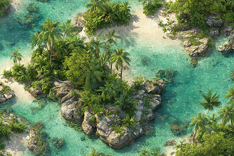 Tropical Island Shoreline with Clear Turquoise Water