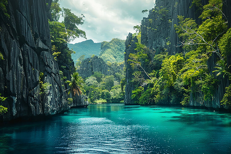 Lagoon Example Turquoise lagoon surrounded by towering limestone cliffs