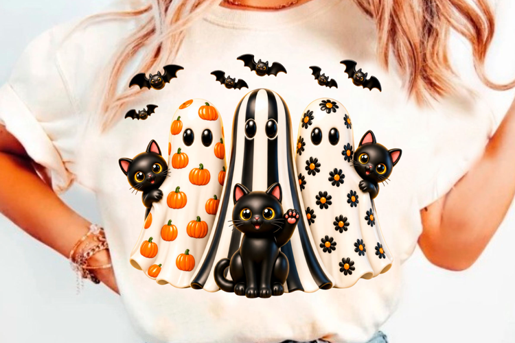 Cute Halloween Ghost And Black Cat T-Shirt Design