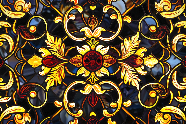 Ornamental Stained Glass Pattern with Gold Red Details