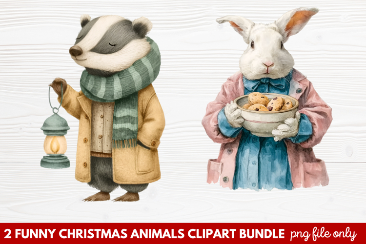 2 Funny Christmas Animals Clipart | Cute Holiday Animal PNG