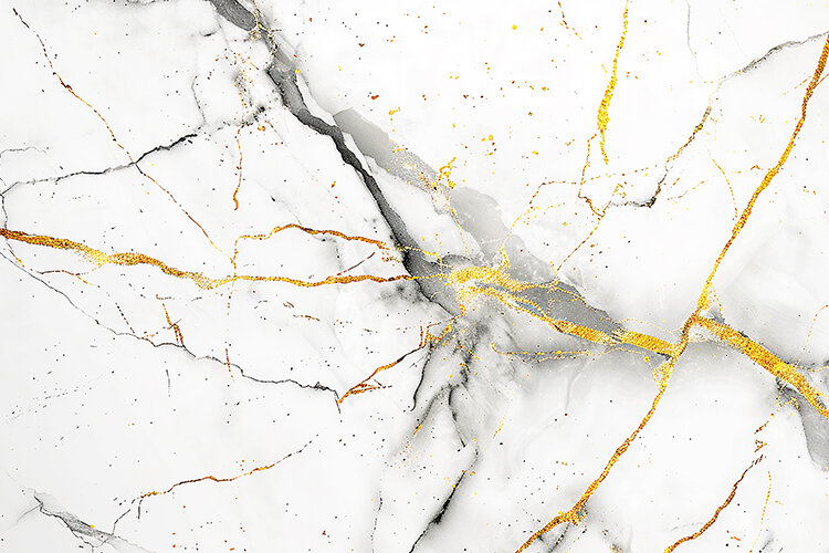 White marble surface with gold and gray veins