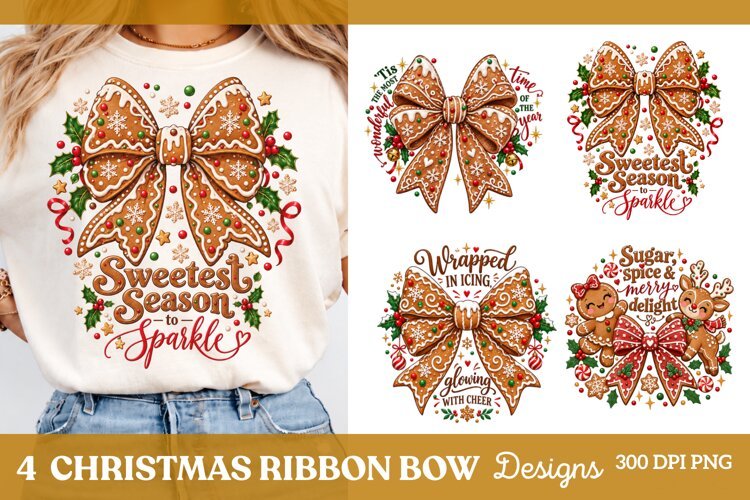 4 Christmas Bow Shirt PNG Designs, 4 Polka Dot Gingham Chris example image 1