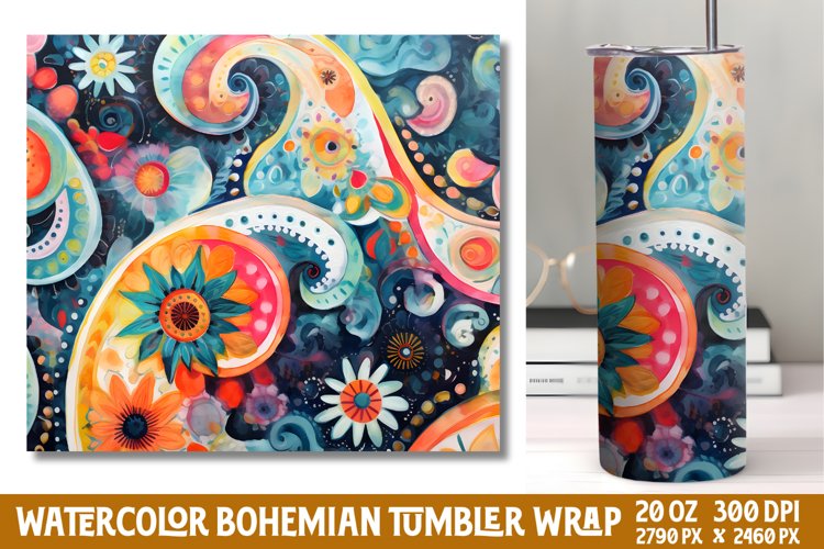 Seamless Watercolor Bohemian Tumbler Wrap