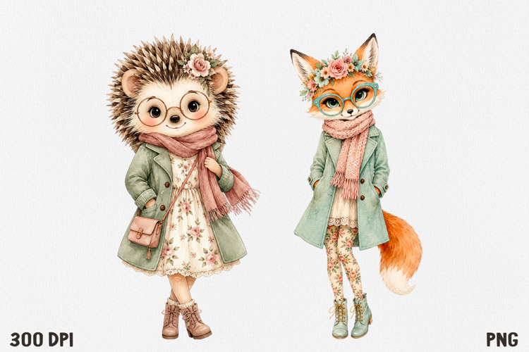 Cute Cottagecore Animal Watercolor Clipart PNG