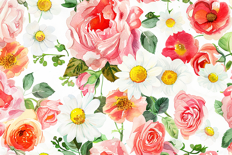 Floral pattern featuring pink roses and white daisi
