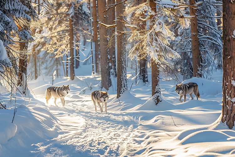 Three wolves walking through a snowy forest with tall trees
