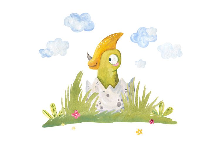 Cute watercolor baby dinosaur hatching from egg shell example image 1