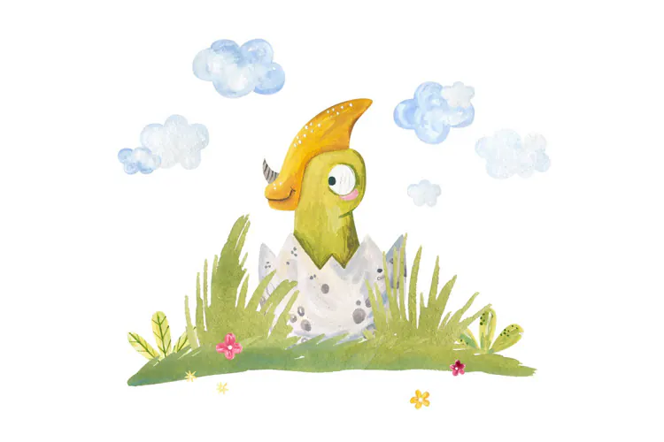 Cute watercolor baby dinosaur hatching from egg shell