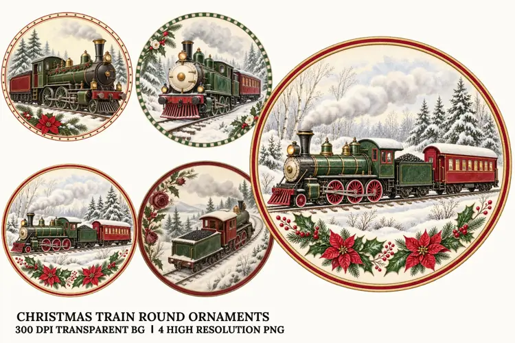 Christmas Train PNG, Vintage Winter Locomotive Ornament Art