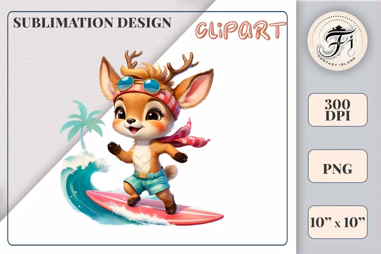 Cute Little Deer Surfer Cartoon| Sublimation Design| Ocean