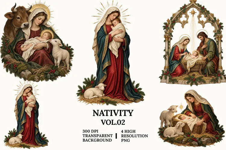 Nativity Vol 2 Clipart, Mary and Baby Jesus Christmas PNG