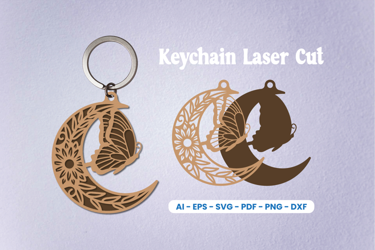 Floral Butterfly Moon Keychain SVG - Crescent Moon Laser Cut