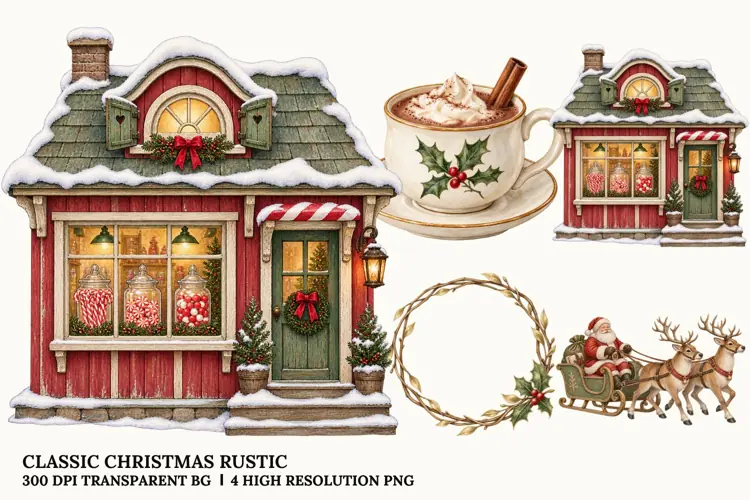Classic Christmas PNG, Santa Rocking Horse Rustic Winter Art