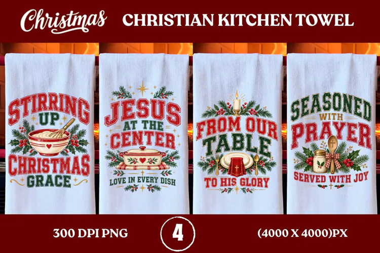 4 Christian Christmas Kitchen Towel PNGs, 4 Jesus Christmas