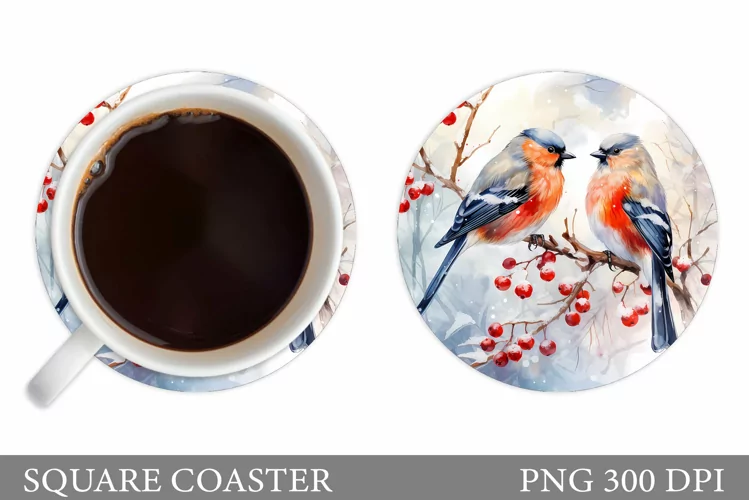 Birds Round Coaster Design. Winter Birds Coaster Sublimation