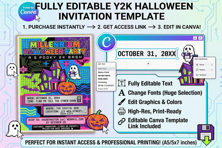 Y2K Millennium Halloween Party Canva Invitation Template