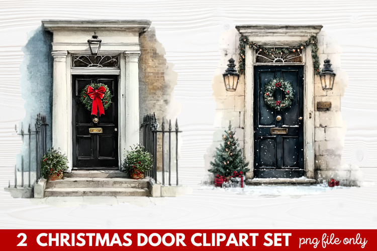 2 Christmas Door Clipart Set | Festive Holiday Front Door
