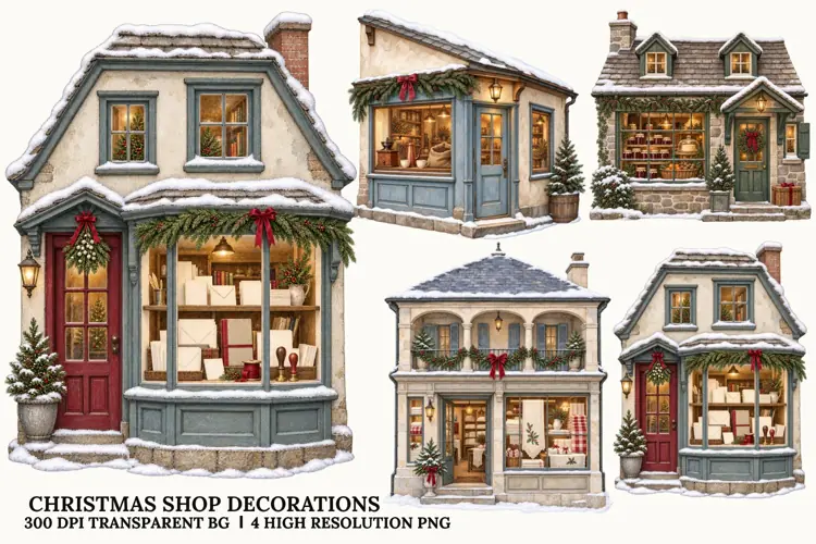 Christmas Shop PNG, Snowy Holiday Storefront Sublimation Art