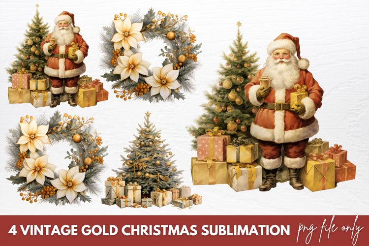 Vintage Gold Christmas Sublimation Clipart