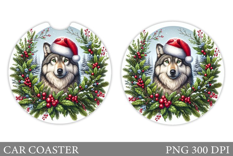 Wolf Car Coaster Sublimation. Christmas Car Coaster Design example image 1
